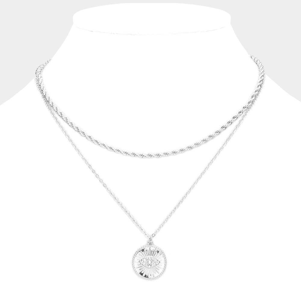 Rhinestone Embellished Evil Eye Round Pendant Layered Necklace - Madeline Love - Flyclothing LLC