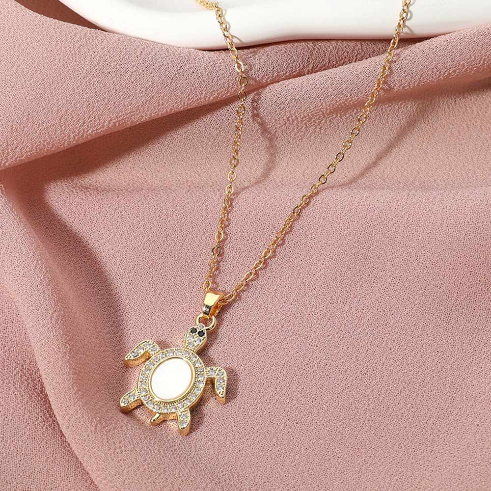 Stainless Steel Stone Paved Mother of Pearl Turtle Pendant Necklace - Madeline Love - Flyclothing LLC