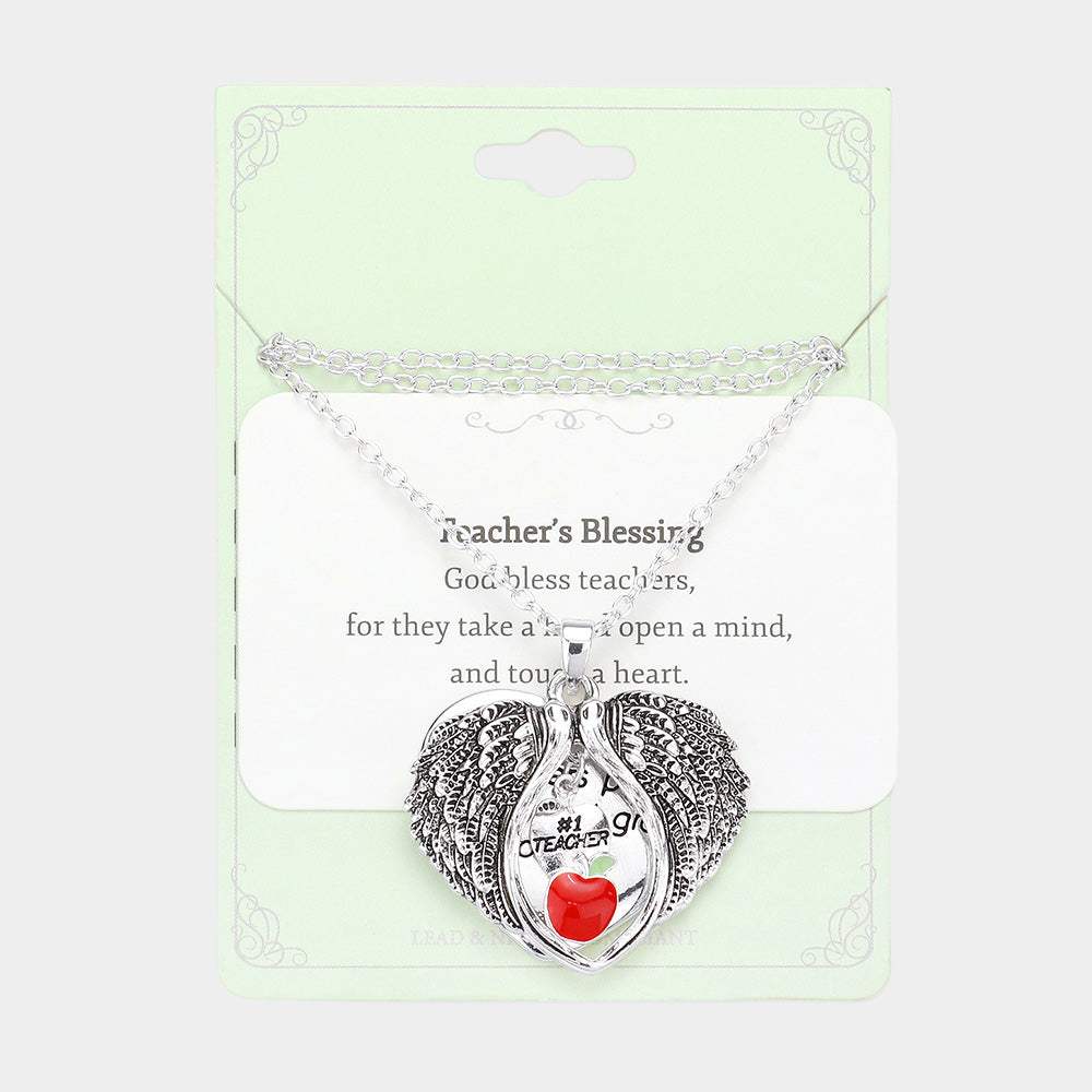 Teacher's Blessing No.1 Teacher Message Enamel Apple Pointed Angel Wings Pendant Necklace - Madeline Love - Flyclothing LLC