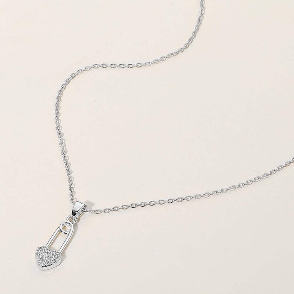 Stainless Steel Stone Paved Heart Safety Pin Pendant Necklace - Madeline Love - Flyclothing LLC