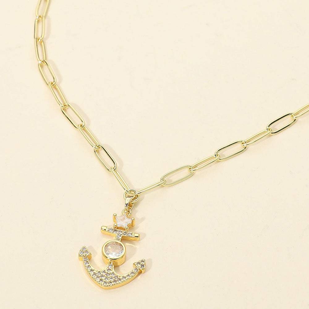 Stainless Steel CZ Stone Star Anchor Pendant Paperclip Chain Necklace - Madeline Love - Flyclothing LLC