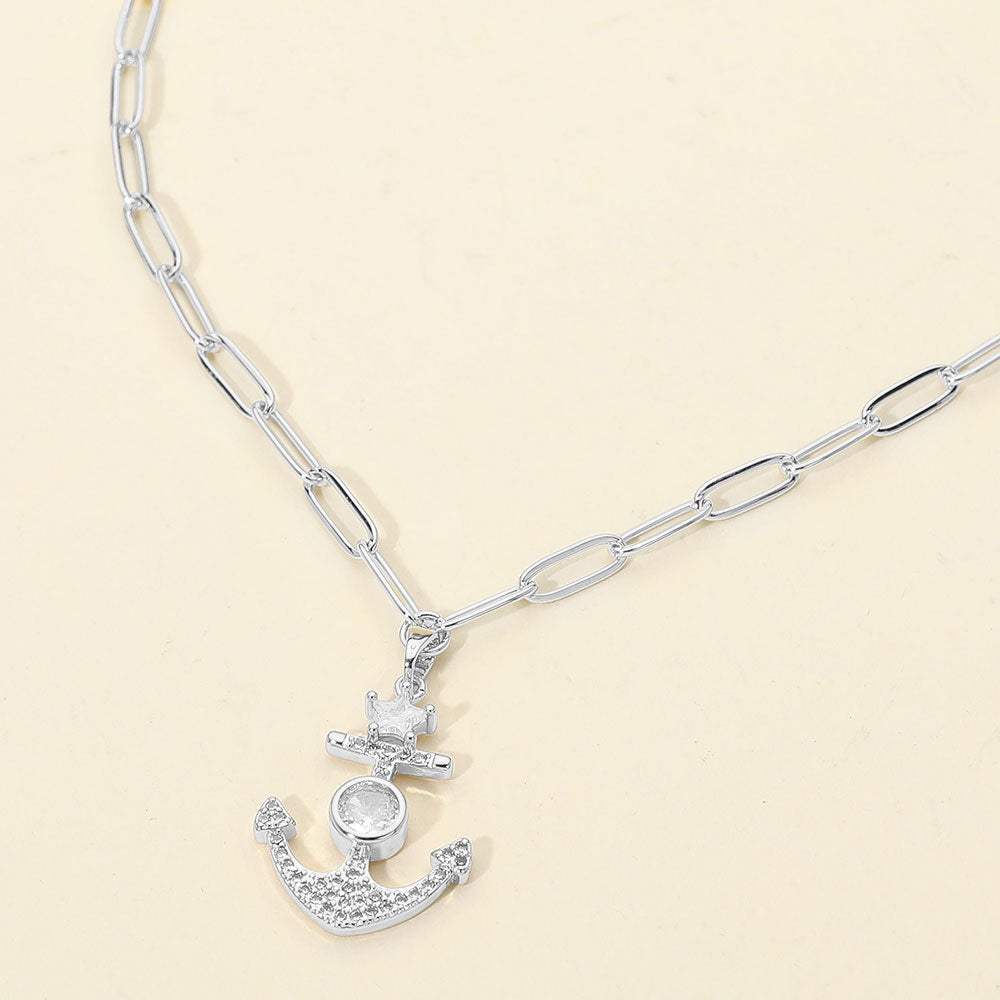 Stainless Steel CZ Stone Star Anchor Pendant Paperclip Chain Necklace - Madeline Love - Flyclothing LLC