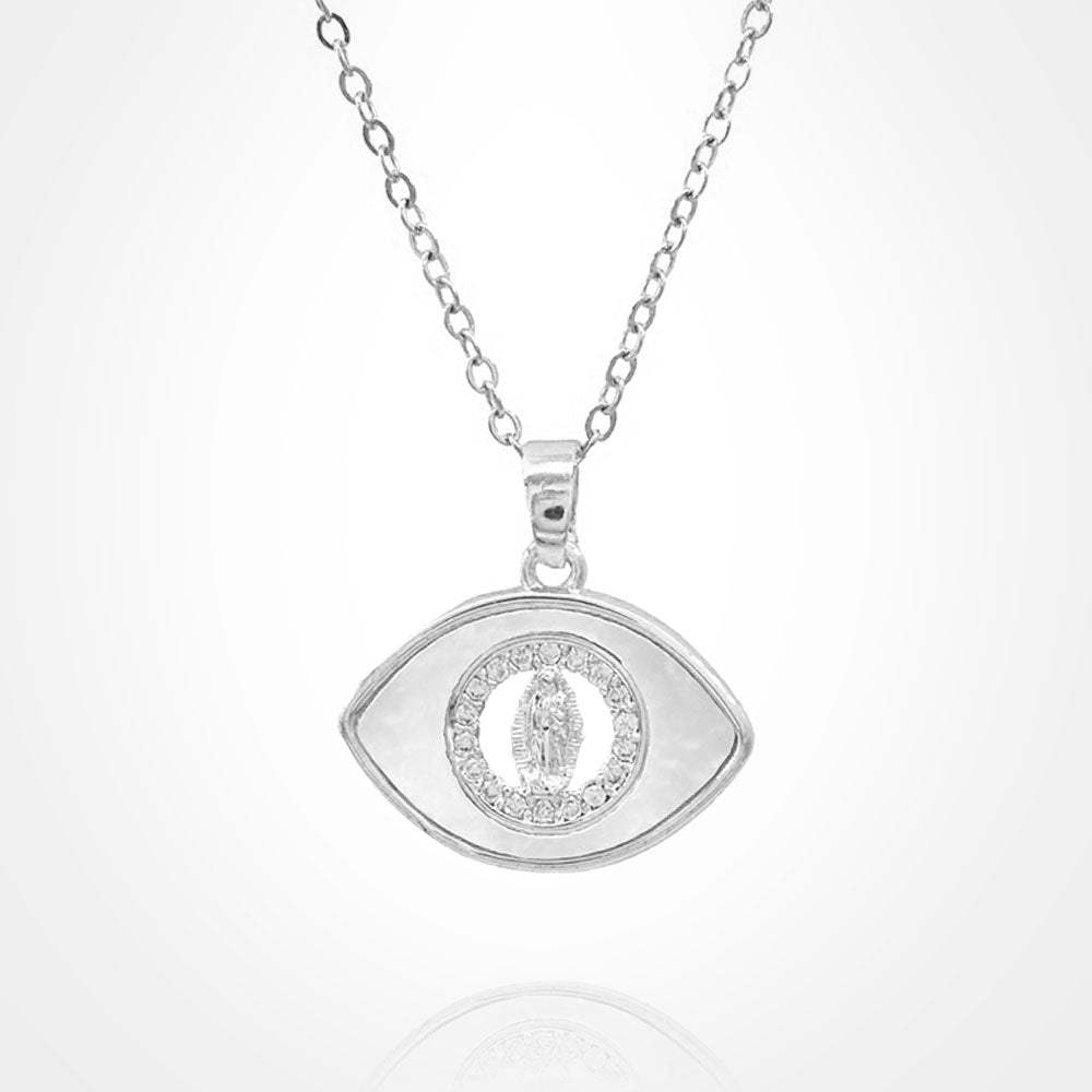 Stainless Steel Mother of Pearl CZ Stone Rim Virgin Mary Accent Evil Eye Pendant Necklace - Madeline Love - Flyclothing LLC