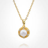 Stainless Steel CZ Stone Rim Pearl Pendant Necklace - Madeline Love - Flyclothing LLC