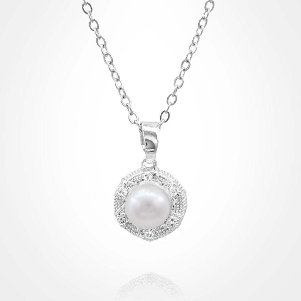 Stainless Steel CZ Stone Rim Pearl Pendant Necklace - Madeline Love - Flyclothing LLC