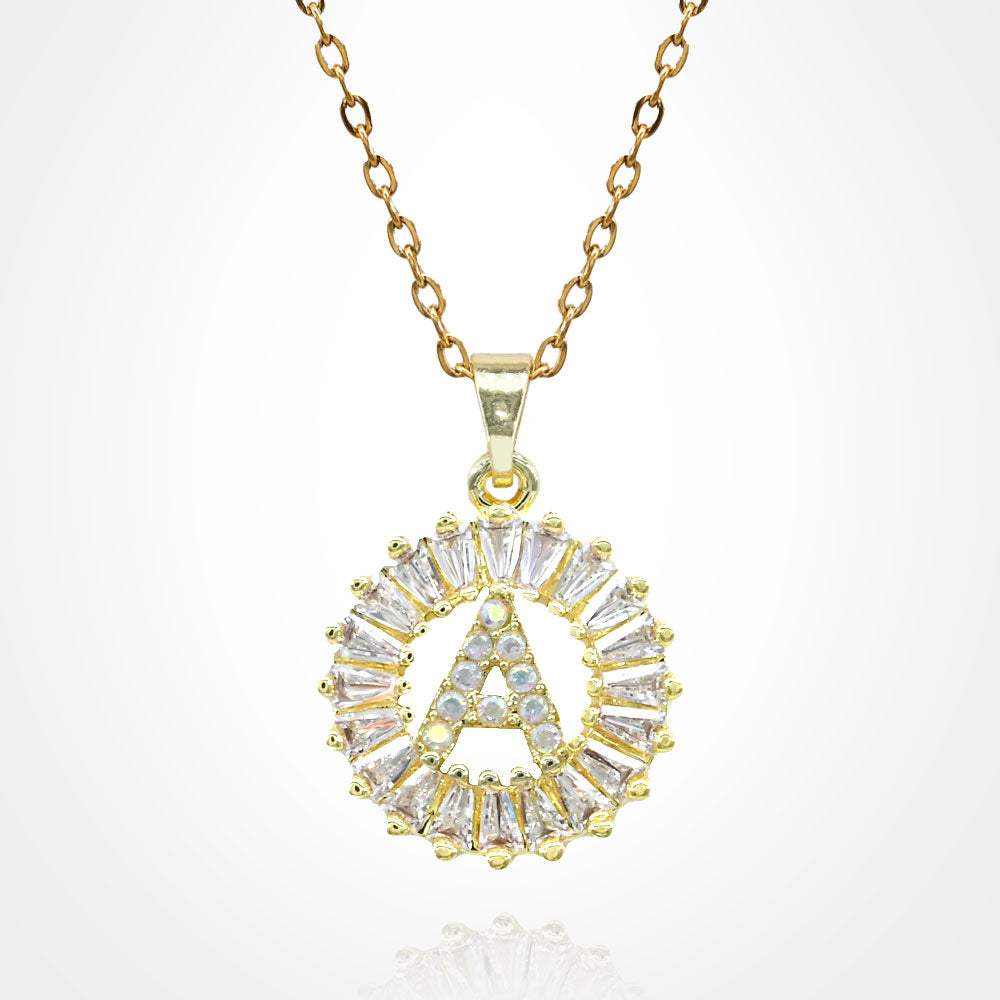 -A- Stainless Steel CZ Stone Embellished Round Initial Monogram Pendant Necklace - Madeline Love - Flyclothing LLC