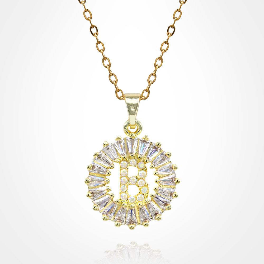 -B- Stainless Steel CZ Stone Embellished Round Initial Monogram Pendant Necklace - Madeline Love - Flyclothing LLC