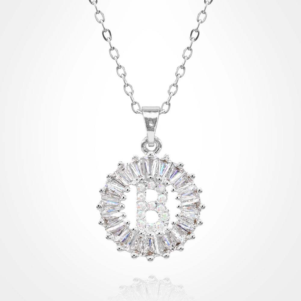 -B- Stainless Steel CZ Stone Embellished Round Initial Monogram Pendant Necklace - Madeline Love - Flyclothing LLC