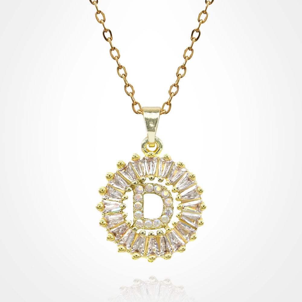 -D- Stainless Steel CZ Stone Embellished Round Initial Monogram Pendant Necklace - Madeline Love - Flyclothing LLC
