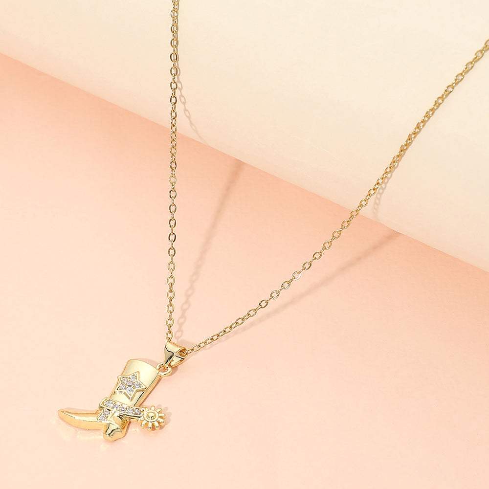 Stainless Steel CZ Stone Paved Star Accent Cowboy Boot Charm Pendant Necklace - Madeline Love - Flyclothing LLC