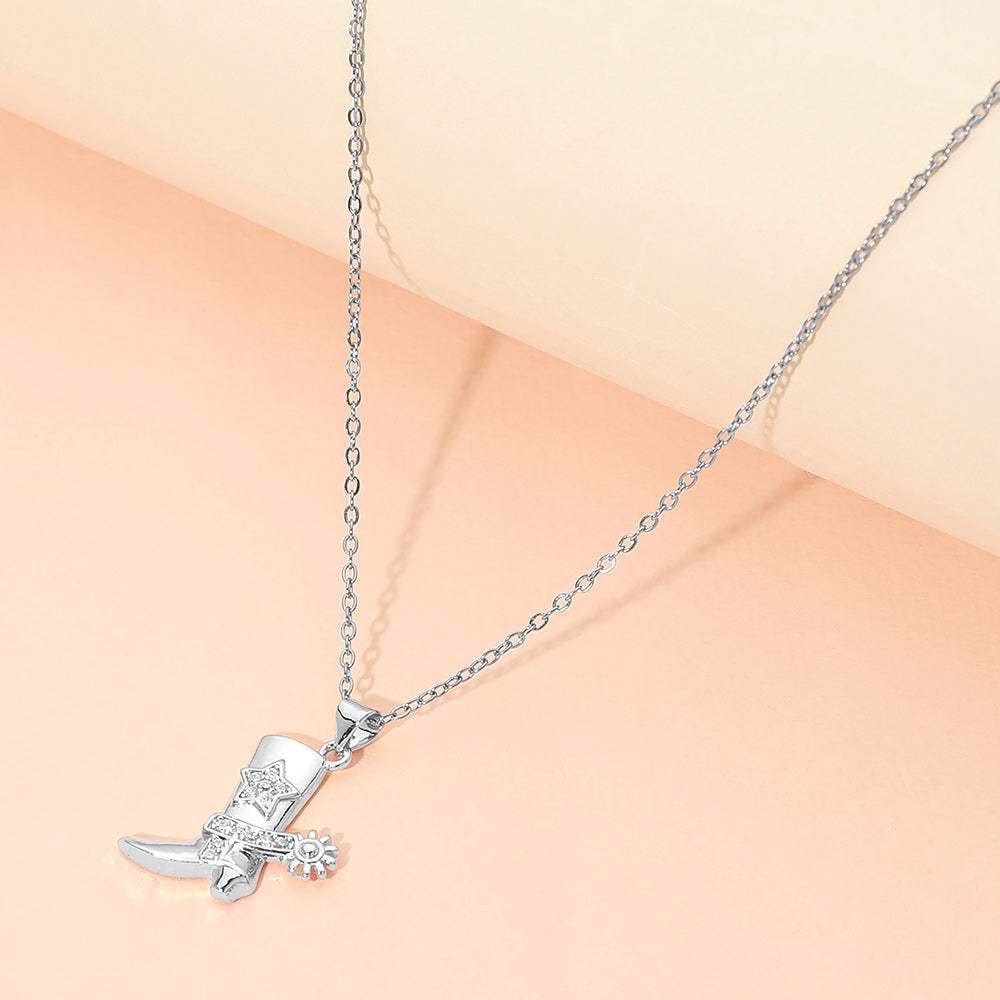 Stainless Steel CZ Stone Paved Star Accent Cowboy Boot Charm Pendant Necklace - Madeline Love - Flyclothing LLC