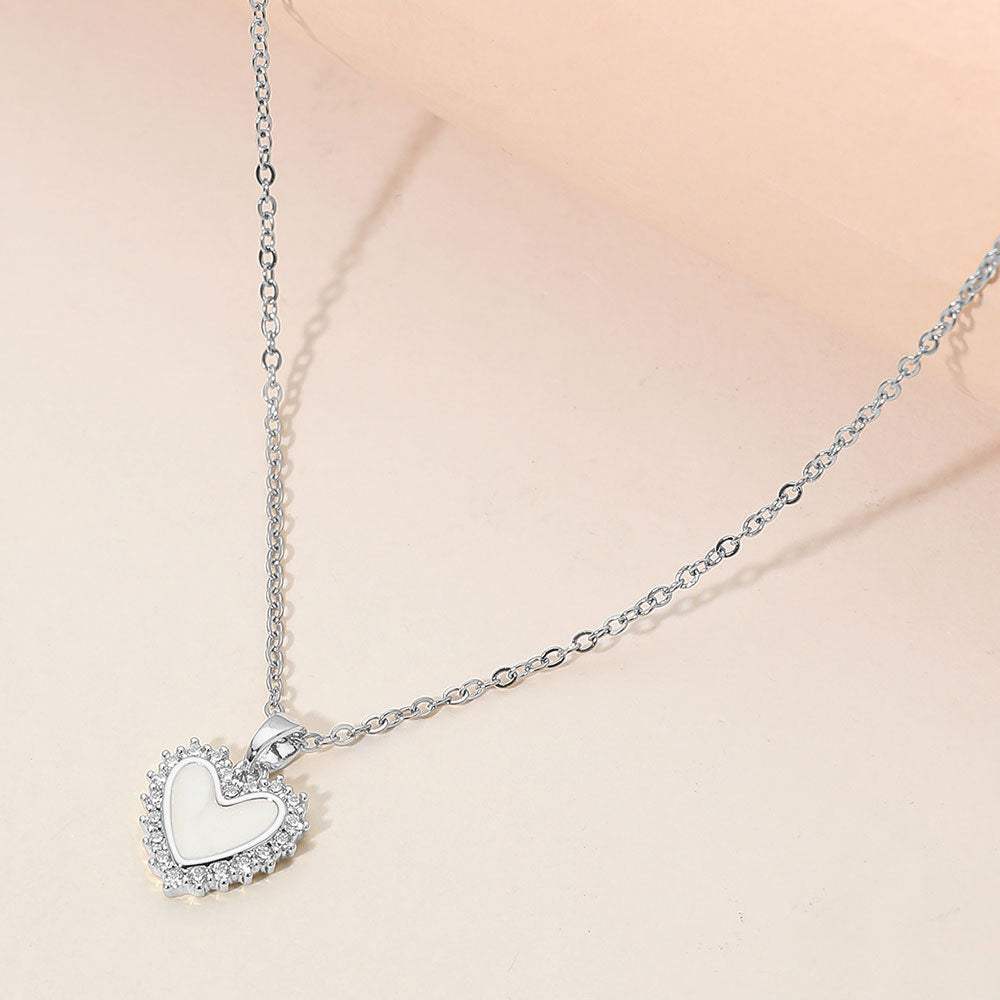 Stainless Steel CZ Trim Mother of Pearl Heart Pendant Necklace - Madeline Love - Flyclothing LLC