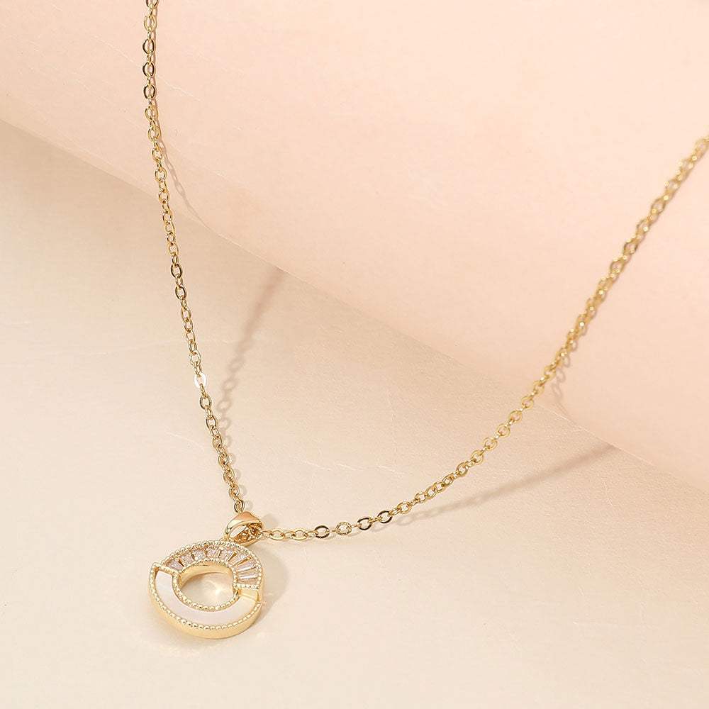 Stainless Steel CZ Pave Mother of Pearl Detail Open Circle Pendant Necklace - Madeline Love - Flyclothing LLC