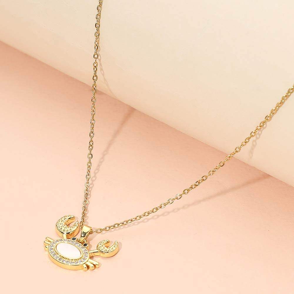 Stainless Steel Mother of Pearl CZ Stone Paved Crab Charm Pendant Necklace - Madeline Love - Flyclothing LLC