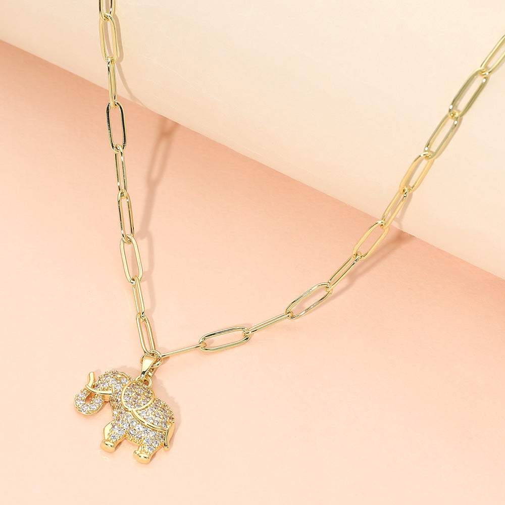 Stainless Steel CZ Stone Paved Elephant Charm Pendant Paperclip Chain Necklace - Madeline Love - Flyclothing LLC