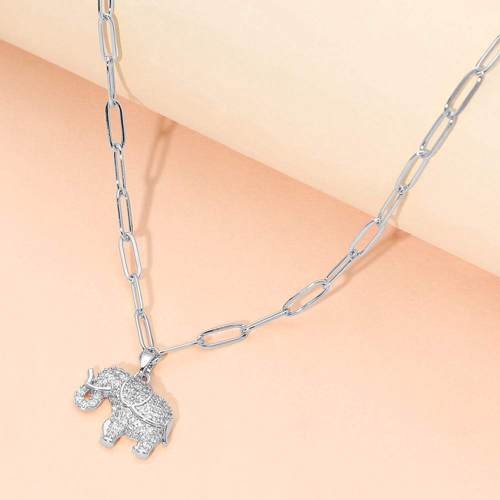 Stainless Steel CZ Stone Paved Elephant Charm Pendant Paperclip Chain Necklace - Madeline Love - Flyclothing LLC