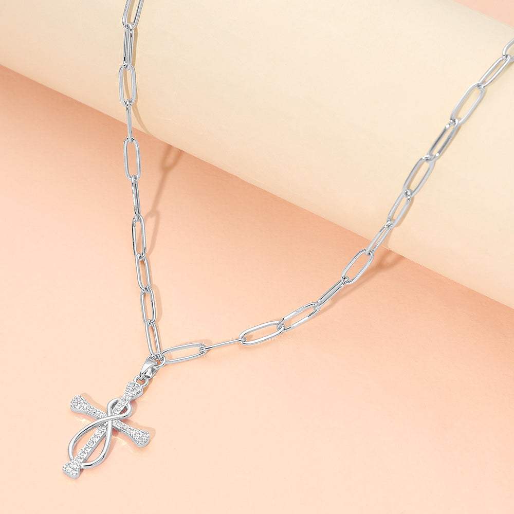 Stainless Steel CZ Stone Paved Knot Cross Charm Pendant Paperclip Chain Necklace - Madeline Love - Flyclothing LLC