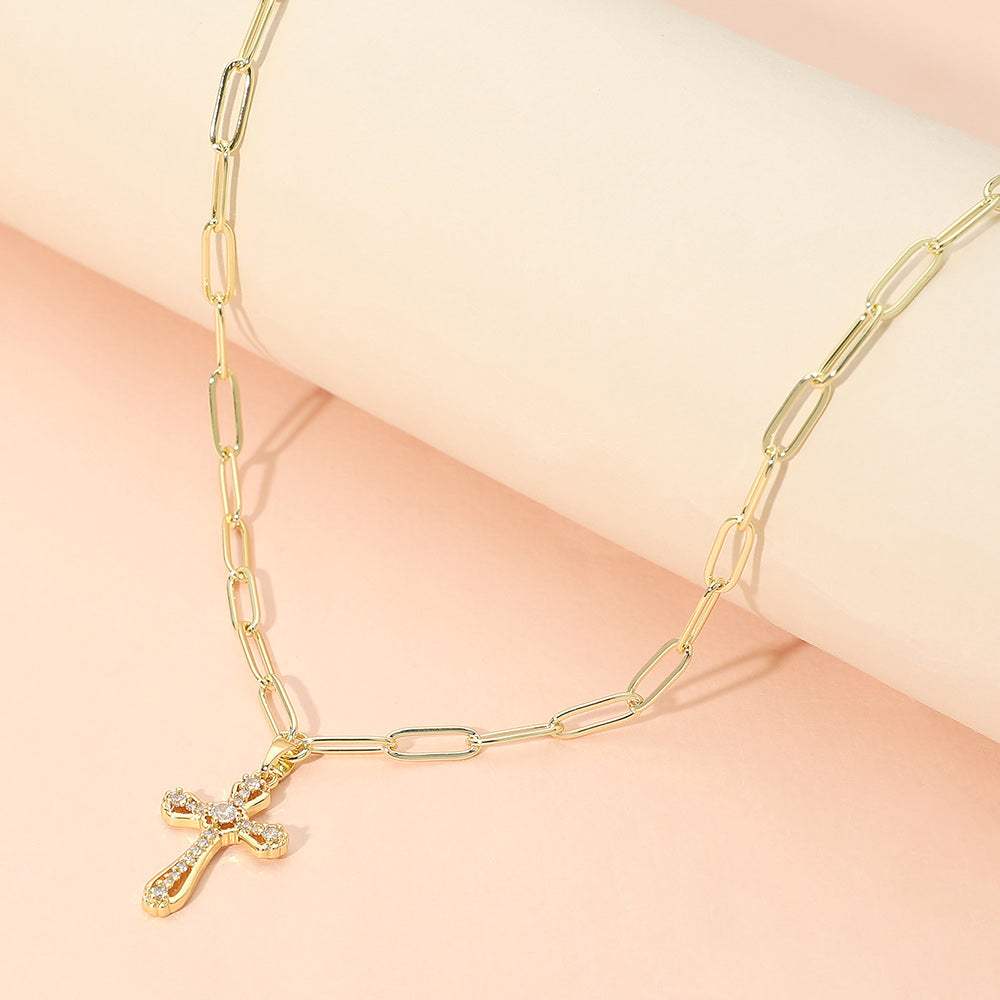 Stainless Steel CZ Cross Charm Pendant Paperclip Chain Necklace - Madeline Love - Flyclothing LLC