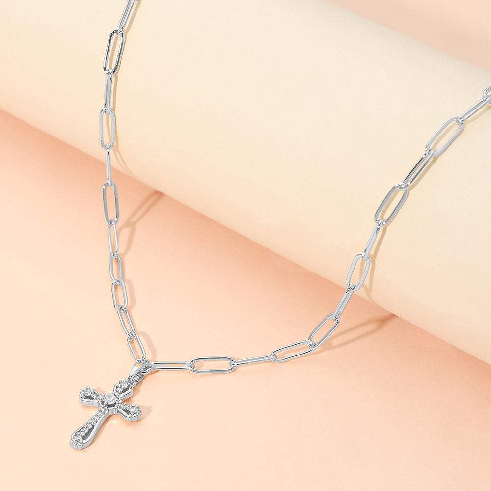 Stainless Steel CZ Cross Charm Pendant Paperclip Chain Necklace - Madeline Love - Flyclothing LLC