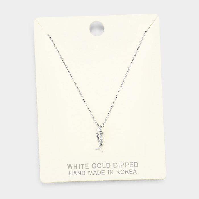 White Gold Dipped Metal Fishbone Pendant Necklace - Madeline Love - Flyclothing LLC