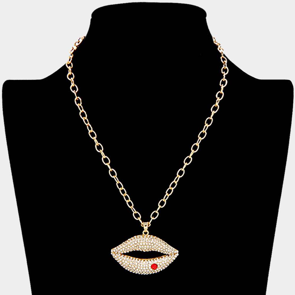 Rhinestone Paved Lip Pendant Necklace - Madeline Love - Flyclothing LLC