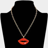 Rhinestone Paved Lip Pendant Necklace - Madeline Love - Flyclothing LLC