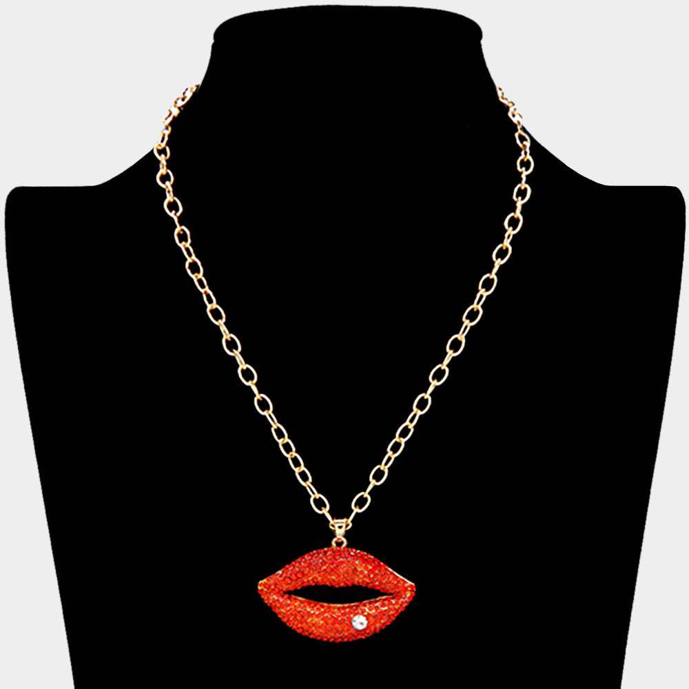 Rhinestone Paved Lip Pendant Necklace - Madeline Love - Flyclothing LLC