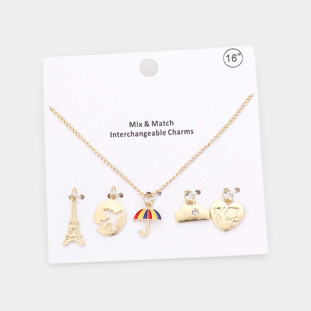 Eiffel Tower Airplane Umbrella Heart Interchangeable Pendant Necklace - Madeline Love - Flyclothing LLC