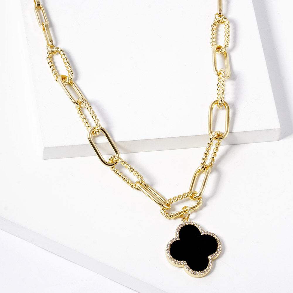 Gold Dipped Quatrefoil Pendant Paperclip Chain Necklace - Madeline Love - Flyclothing LLC
