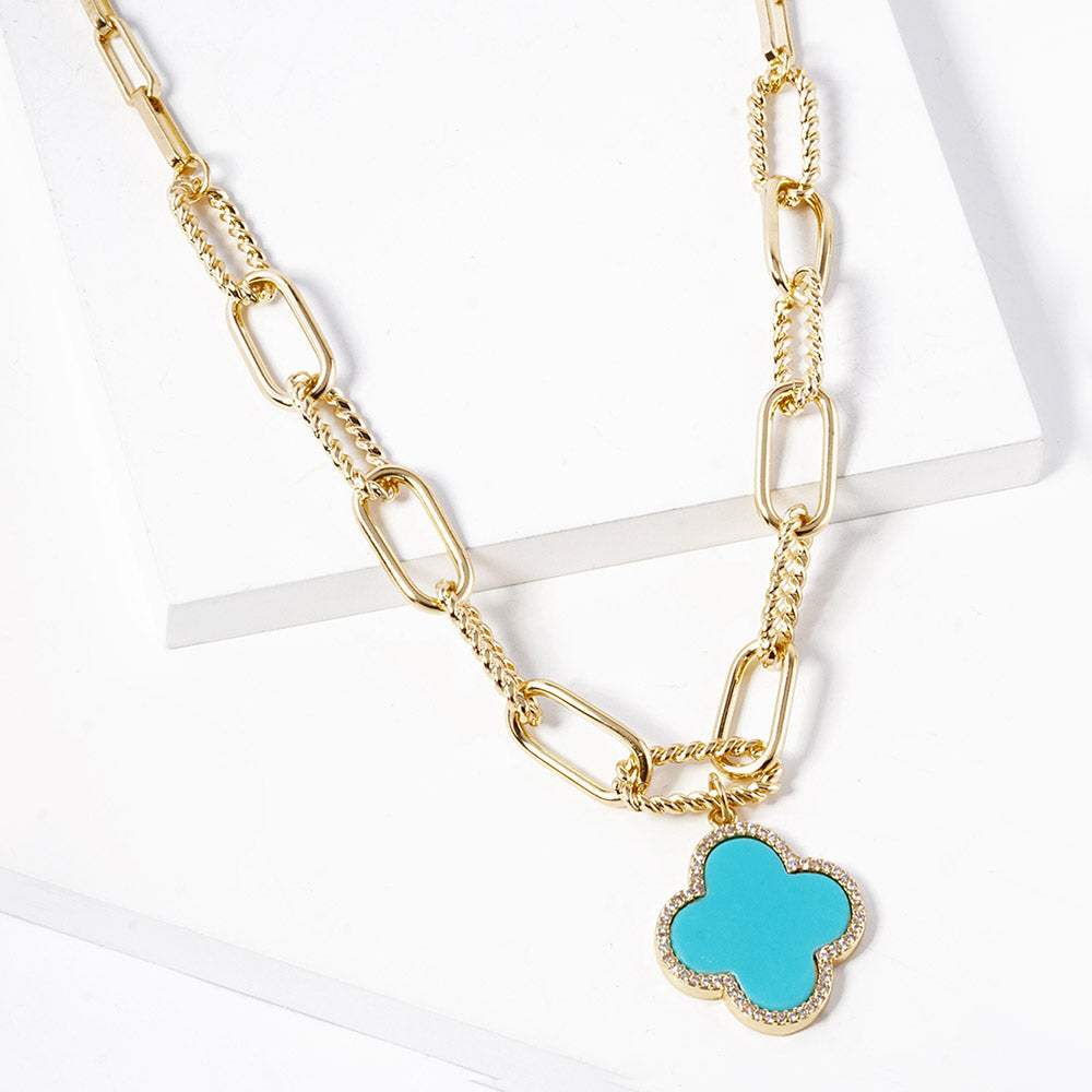 Gold Dipped Quatrefoil Pendant Paperclip Chain Necklace - Madeline Love - Flyclothing LLC