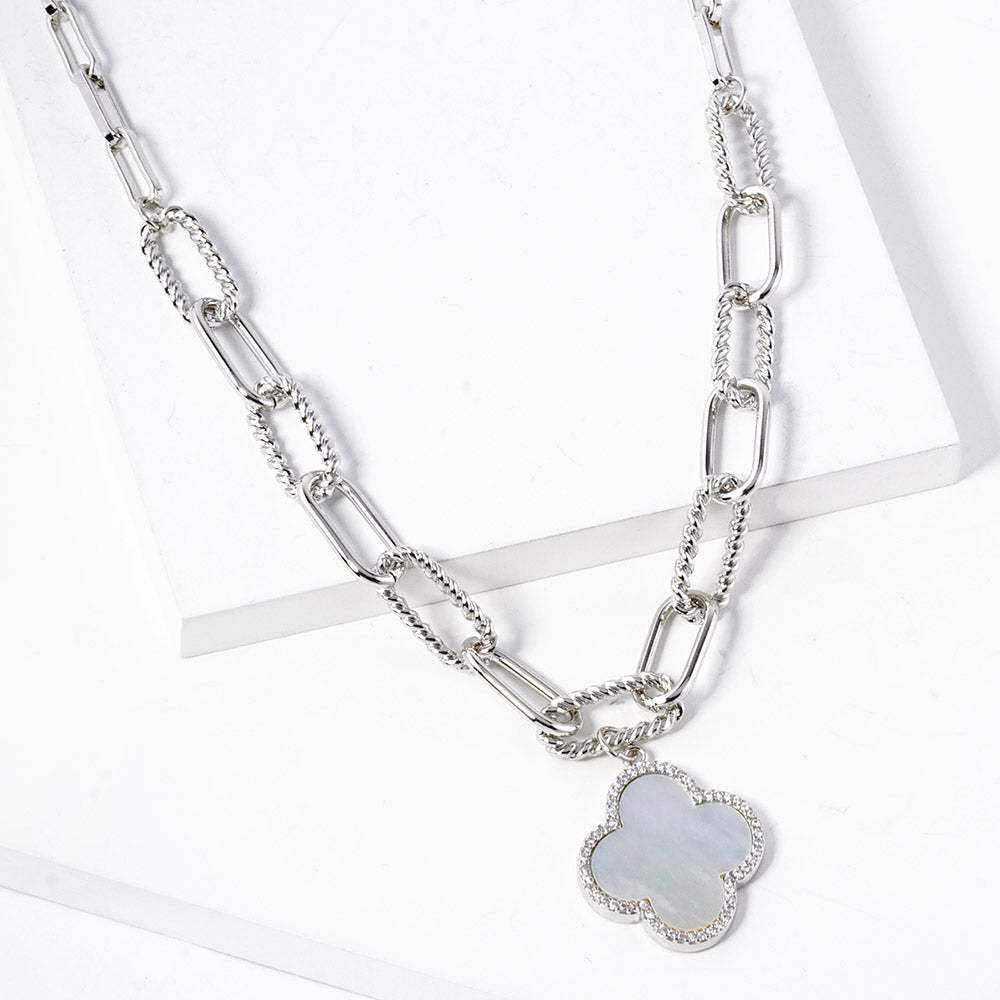 White Gold Dipped Quatrefoil Pendant Paperclip Chain Necklace - Madeline Love - Flyclothing LLC