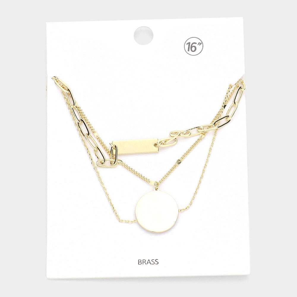 Brass Metal Rectangle Disc Pendant Triple Layered Necklace - Madeline Love - Flyclothing LLC