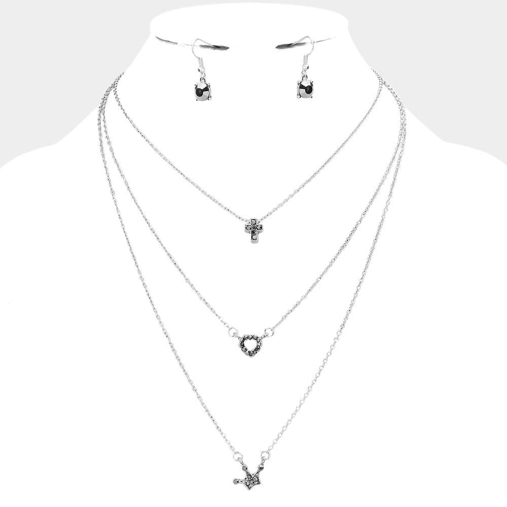 Triple Layer Stone Cross Heart Pendant Necklace - Madeline Love - Flyclothing LLC