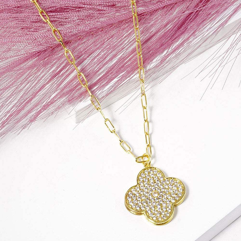 Gold Dipped Stone Paved Quatrefoil Pendant Necklace - Madeline Love - Flyclothing LLC