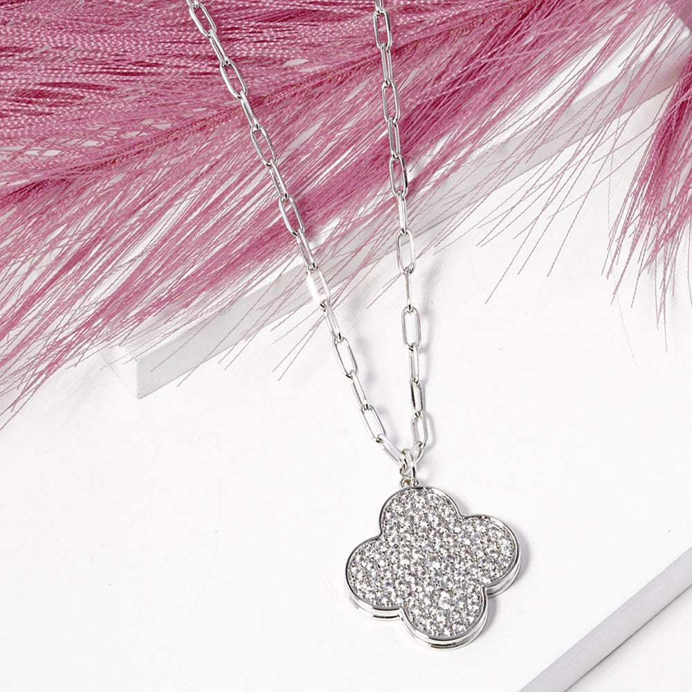 White Gold Dipped Stone Paved Quatrefoil Pendant Necklace - Madeline Love - Flyclothing LLC