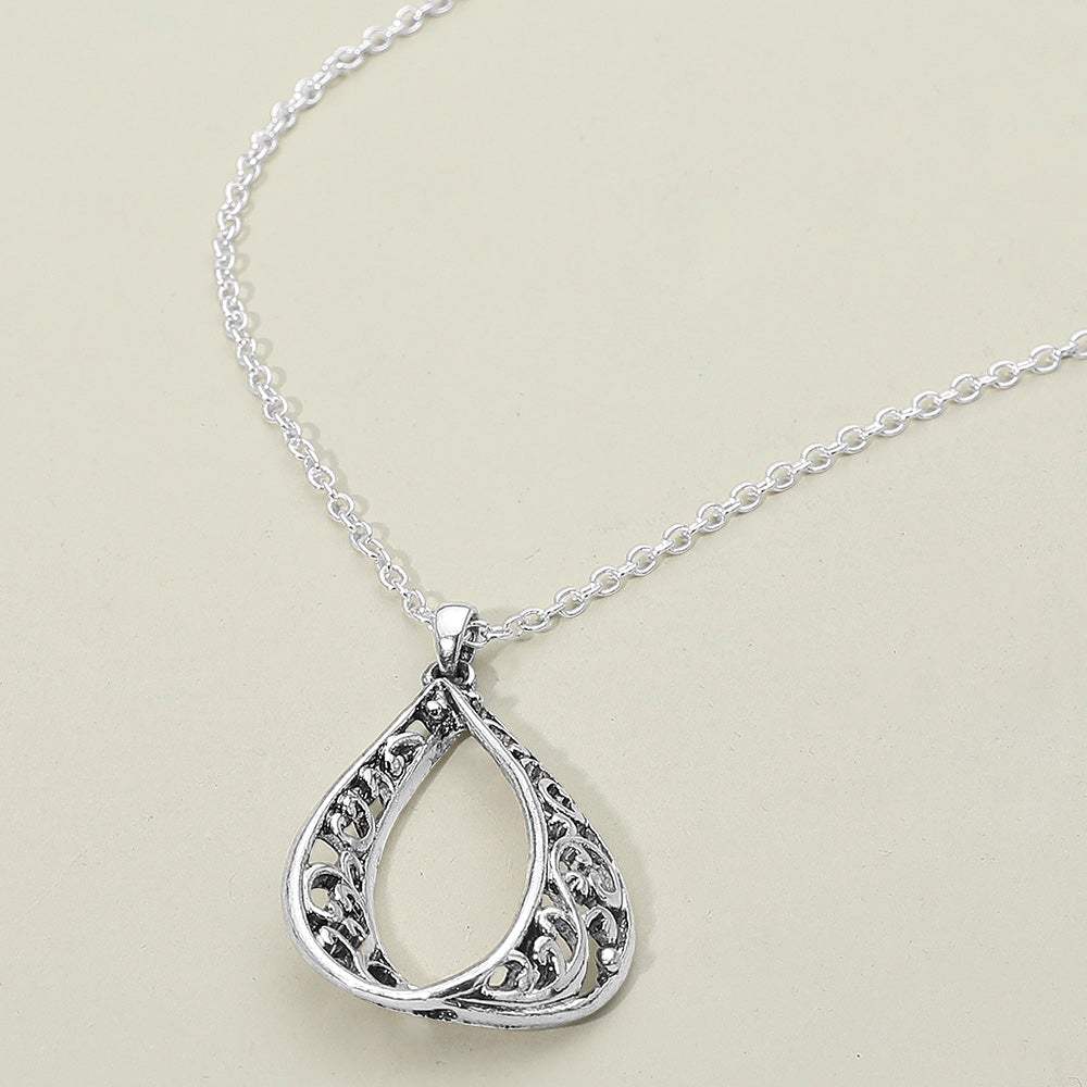 Antique Metal Filigree Ornate Open Teardrop Pendant Necklace - Madeline Love - Flyclothing LLC