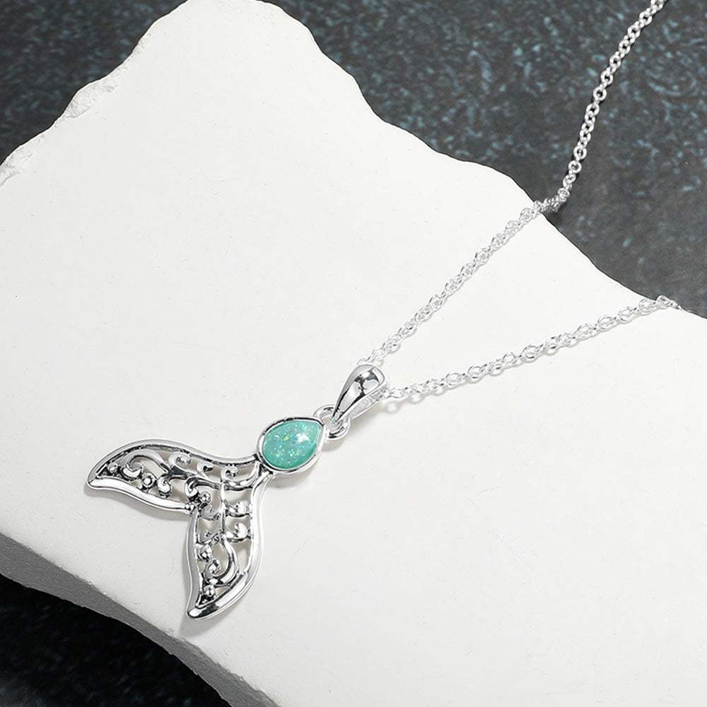 Sea Glass Pointed Metal Whale Tale Pendant Necklace - Madeline Love - Flyclothing LLC