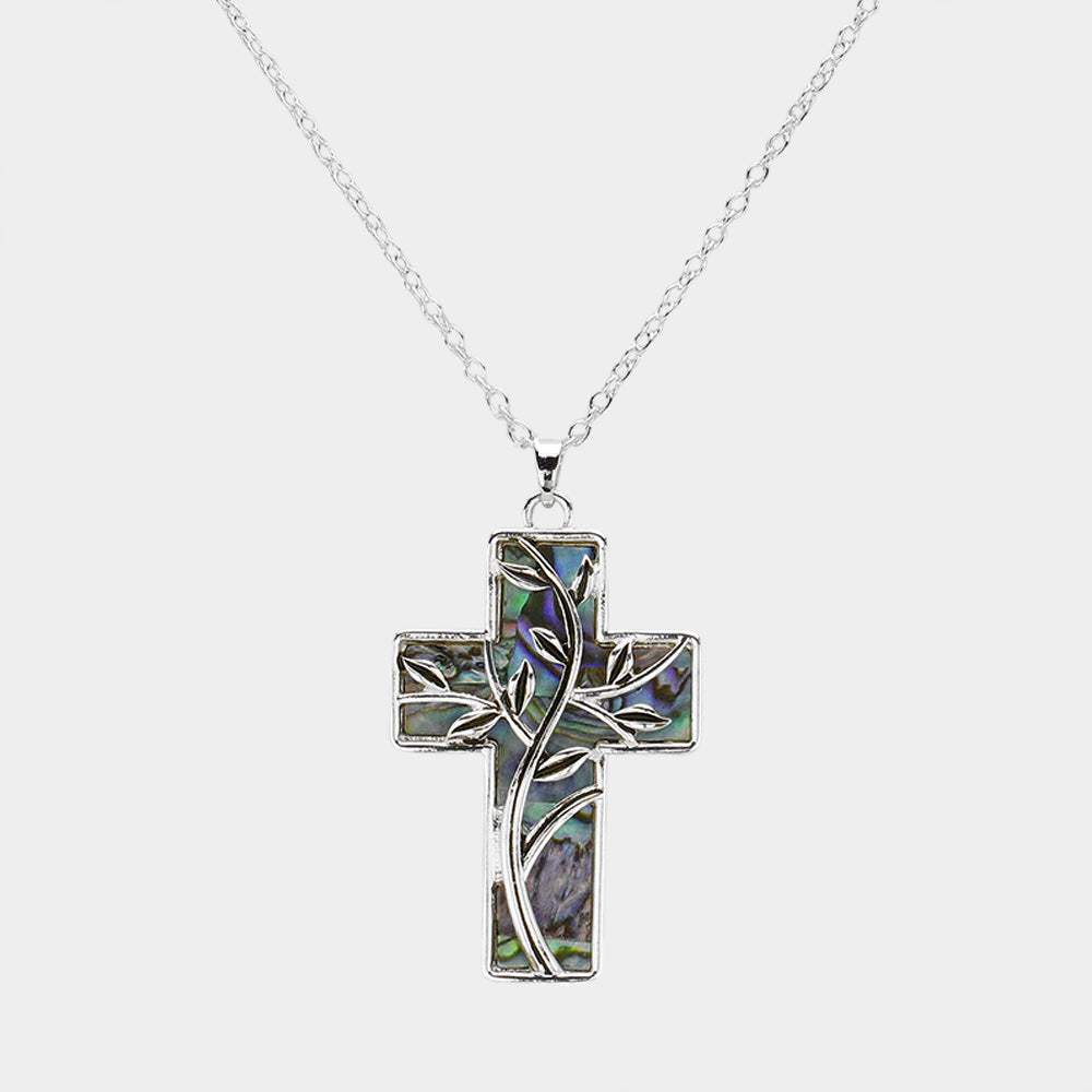 Leaf Vine Pointed Abalone Cross Pendant Necklace - Madeline Love - Flyclothing LLC