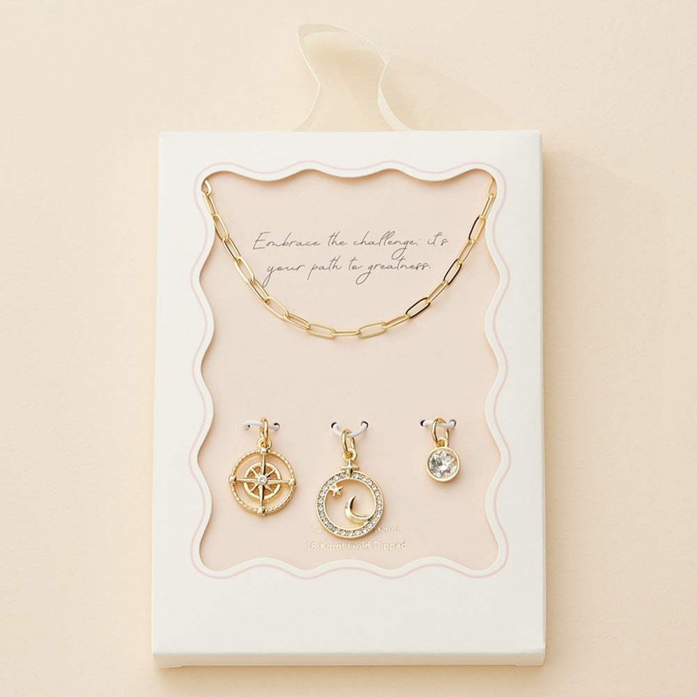 Semi Fine Collection - 18K Gold Dipped Brass Metal Stone Paved Star Moon Compass Stone Charm Pendant Paperclip Chain Necklace - Madeline Love - Flyclothing LLC