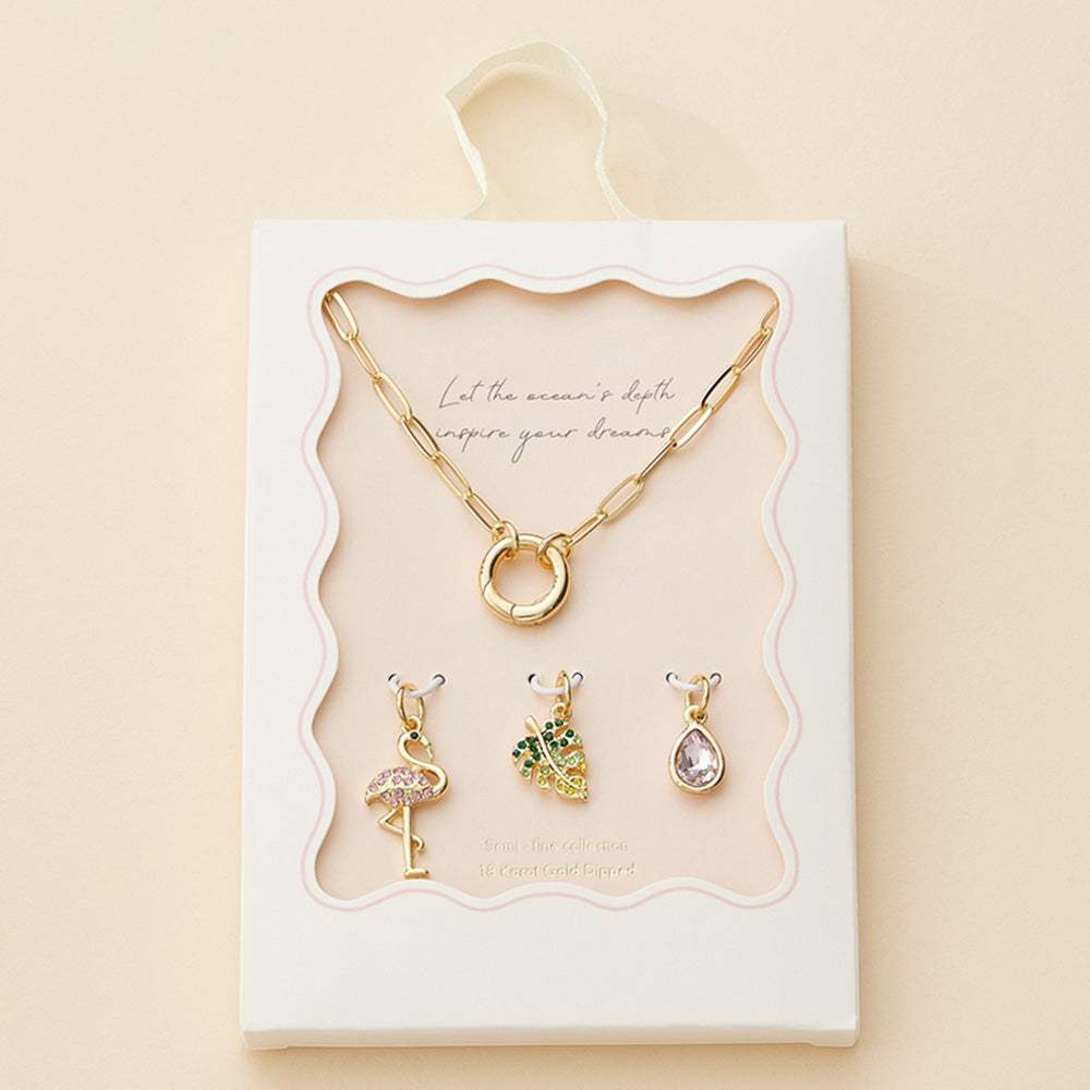 Semi Fine Collection - 18K Gold Dipped Stone Paved Flamingo Tropical Leaf Teardrop Stone Pendant Paperclip Chain Necklace - Madeline Love - Flyclothing LLC