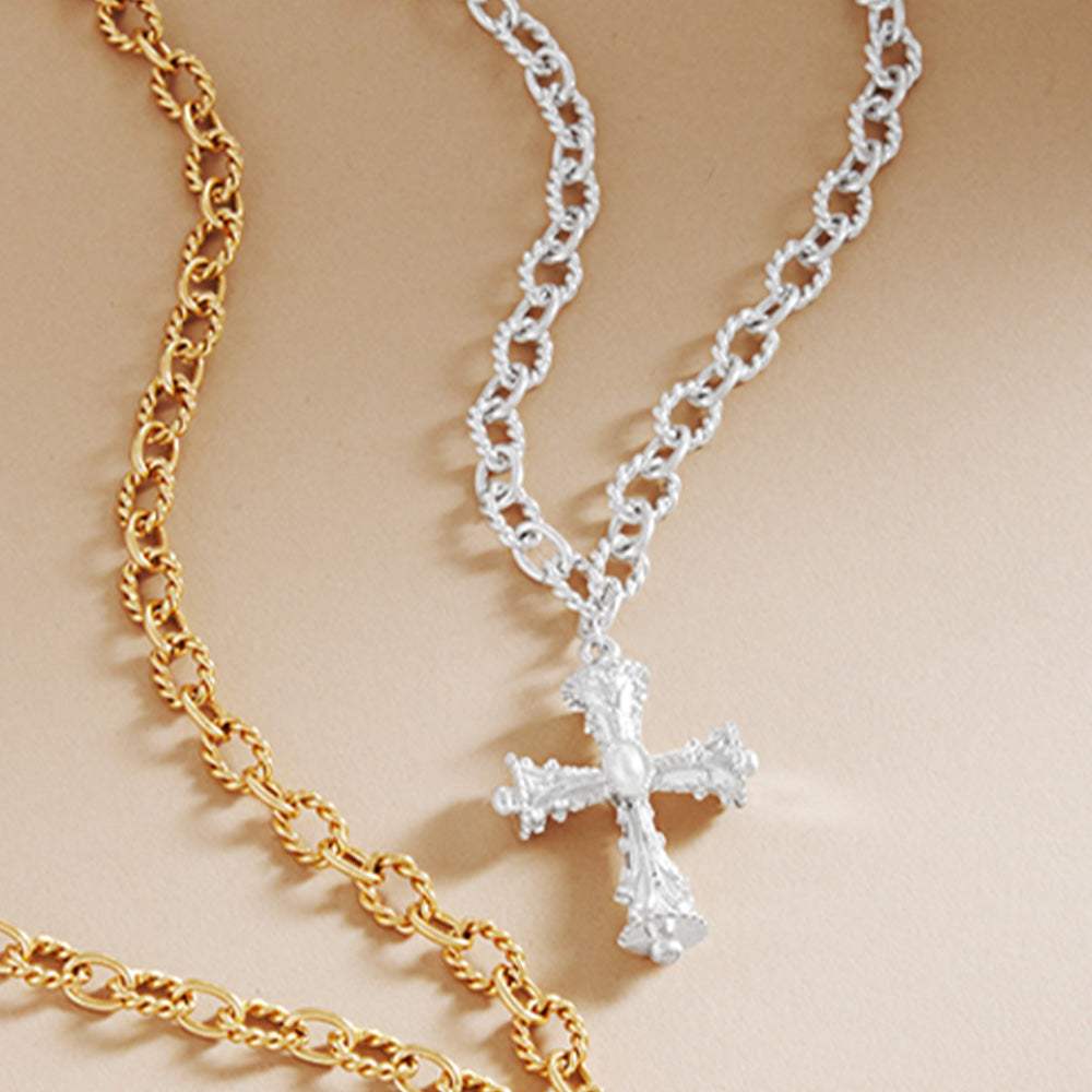 Pearl Pointed Cross Pendant Textured Metal Chain Necklace - Madeline Love - Flyclothing LLC