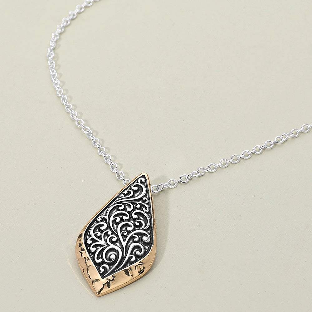 Two Tone Metal Intricate Artisan Leaf Pendant Necklace - Madeline Love - Flyclothing LLC