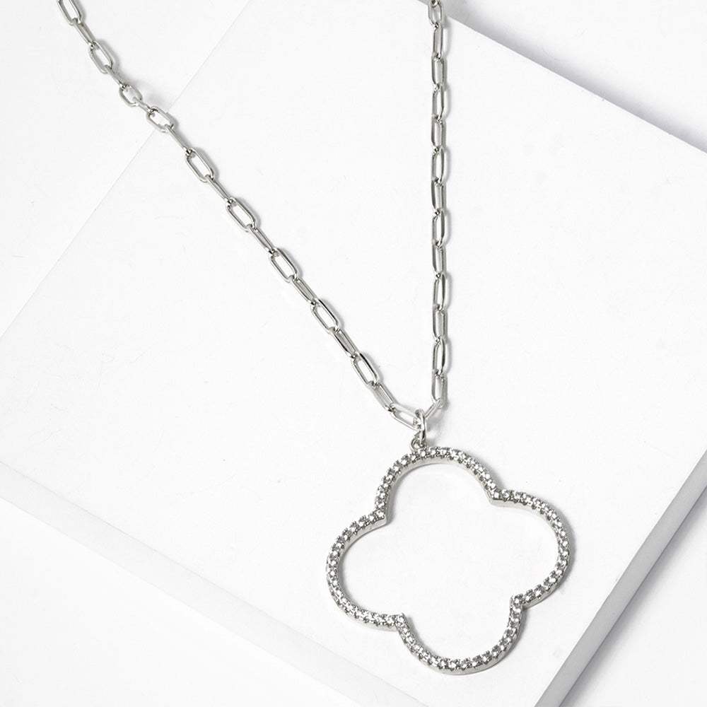 White Gold Dipped CZ Stone Paved Open Quatrefoil Pendant Necklace - Madeline Love - Flyclothing LLC