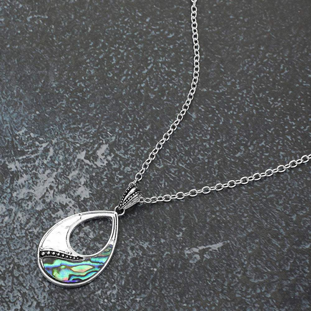 Antique Metal Abalone Open Teardrop Pendant Necklace - Madeline Love - Flyclothing LLC