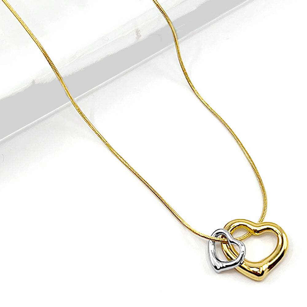 Stainless Steel Two Tone Double Open Heart Pendant Necklace - Madeline Love - Flyclothing LLC