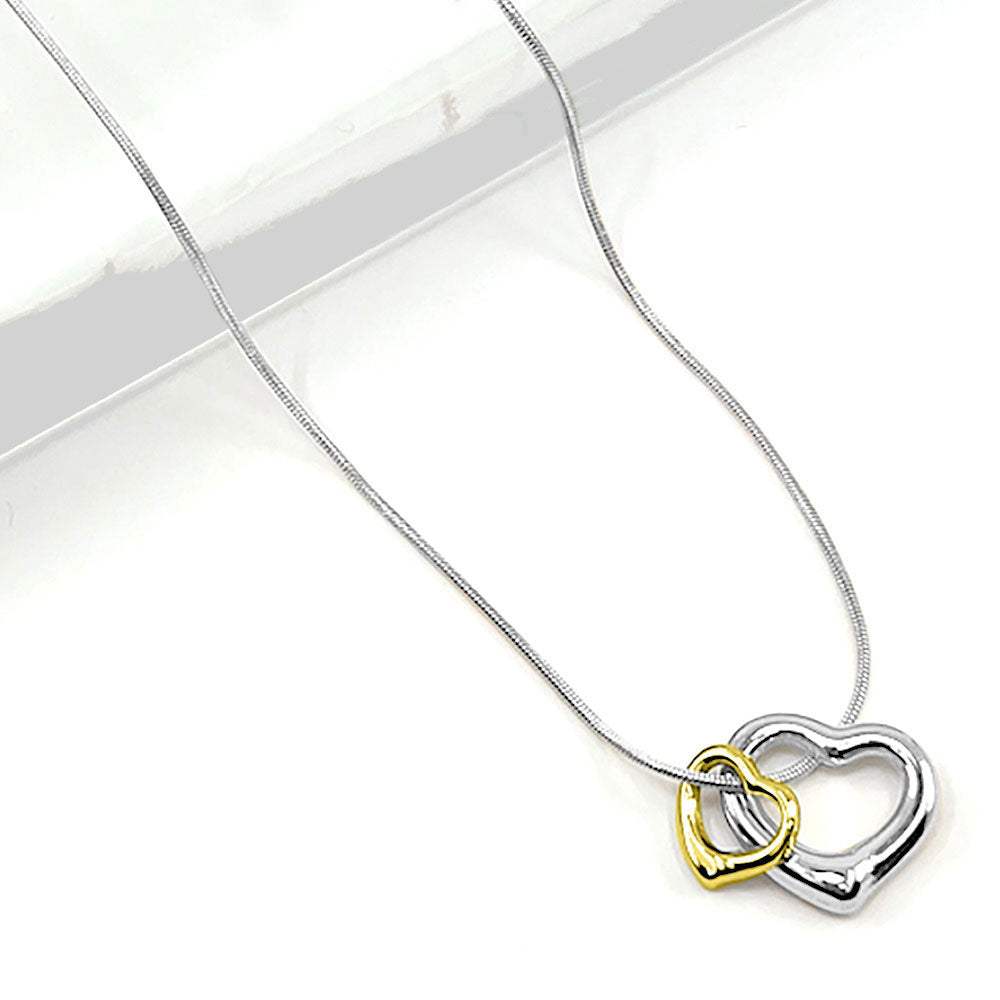 Stainless Steel Two Tone Double Open Heart Pendant Necklace - Madeline Love - Flyclothing LLC