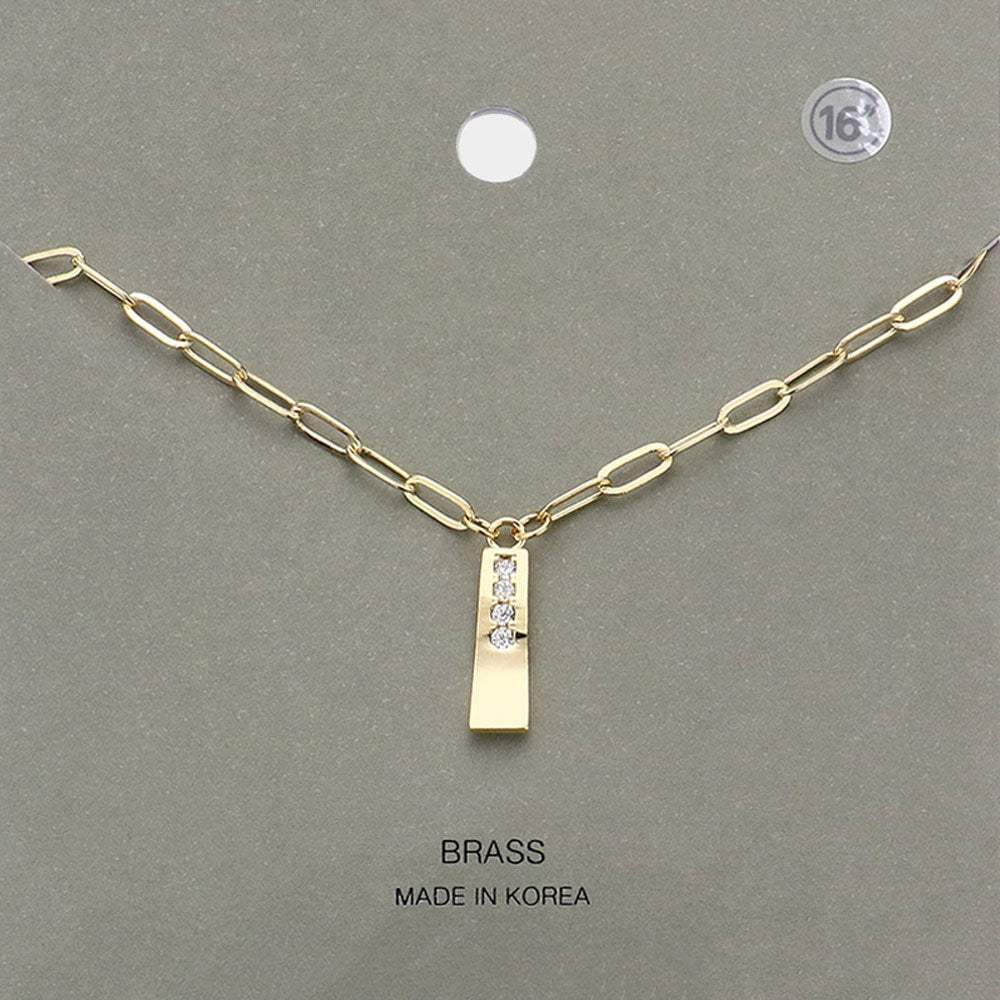 Brass Metal Stone Paved Bar Pendant Necklace - Madeline Love - Flyclothing LLC
