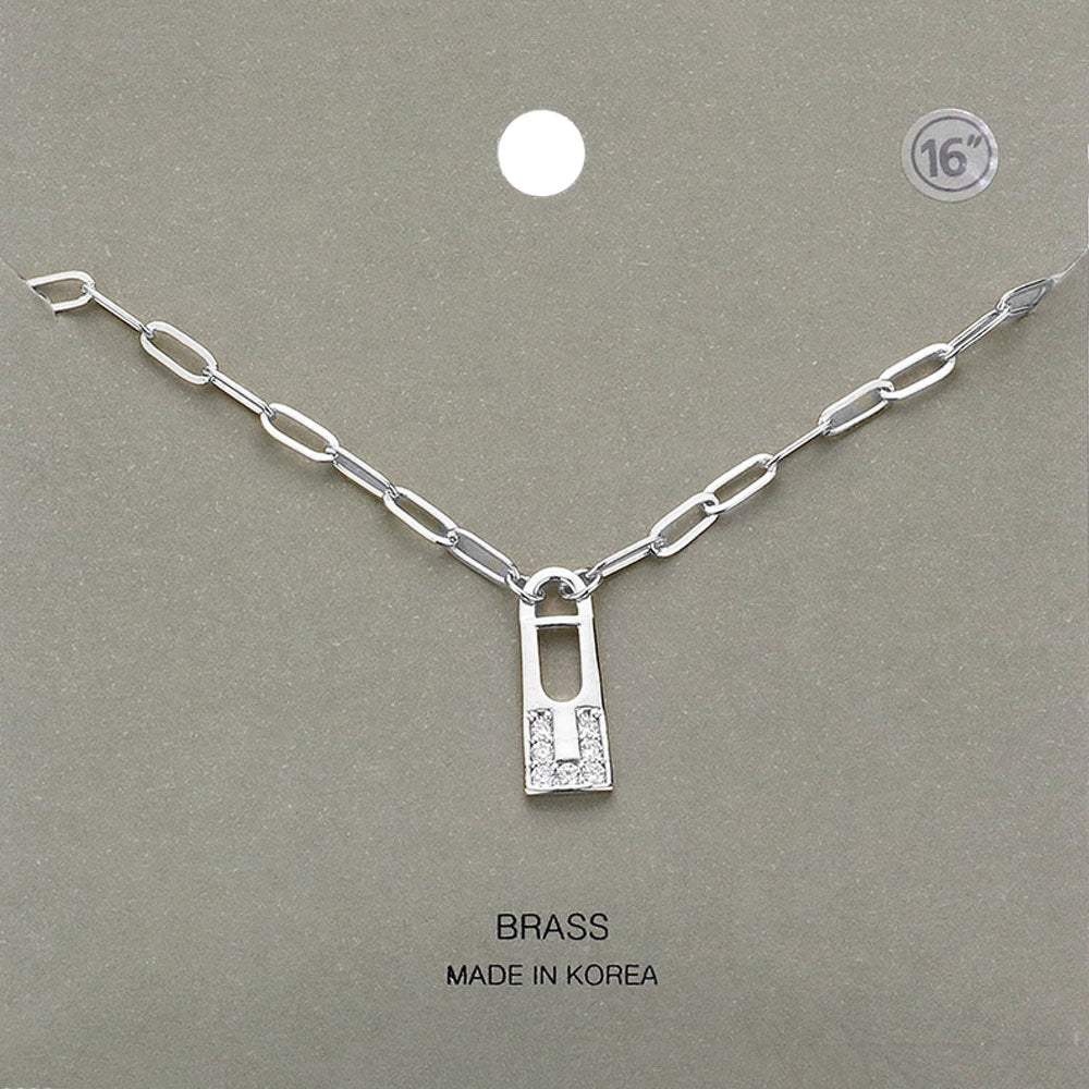 Brass Metal Stone Paved Lock Pendant Necklace - Madeline Love - Flyclothing LLC