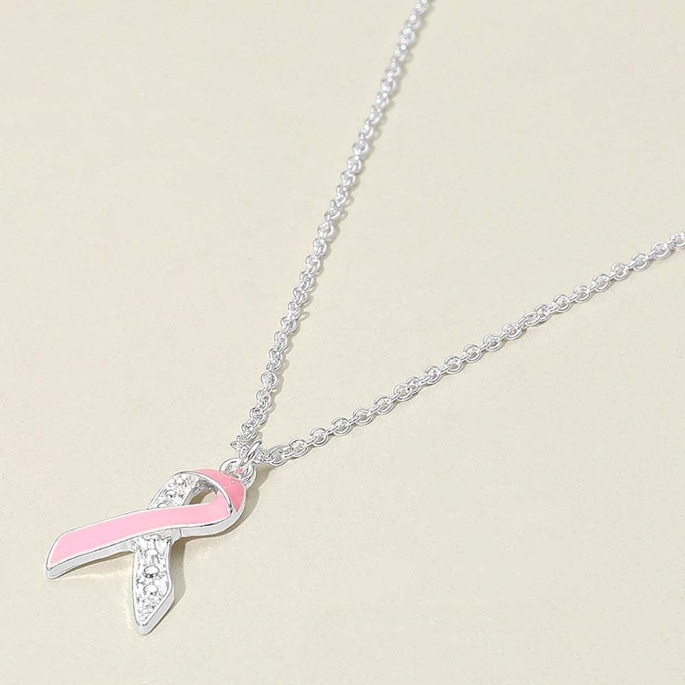 Stone Paved Enamel Pink Ribbon Pendant Necklace - Madeline Love - Flyclothing LLC