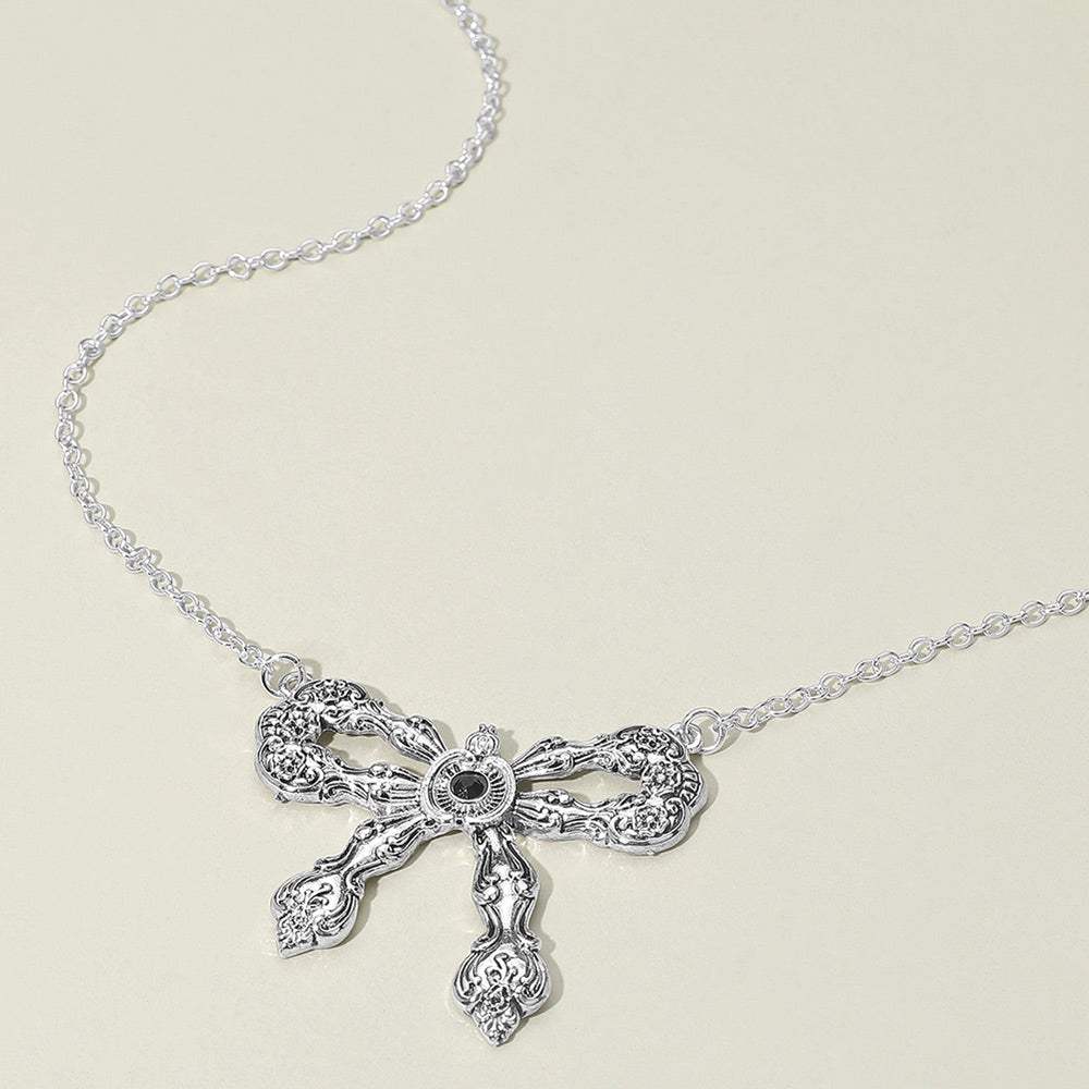 Stone Accent Antique Metal Vintage Bow Pendant Necklace - Madeline Love - Flyclothing LLC